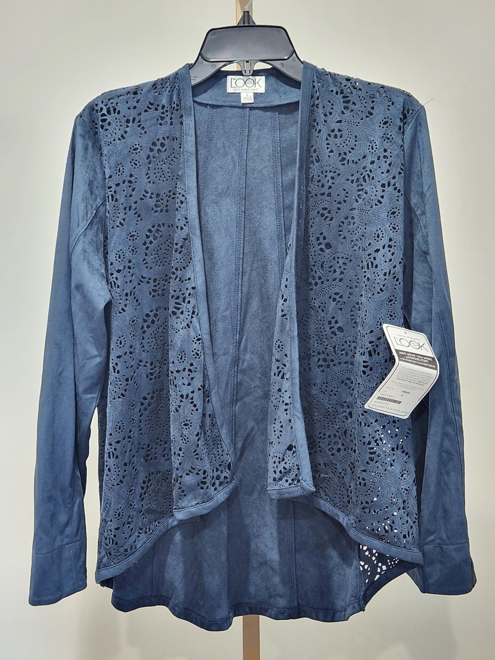 LOOK Cut Loose Faux Suede Jacket Blue Laser Cut Cardigan Size S NWT